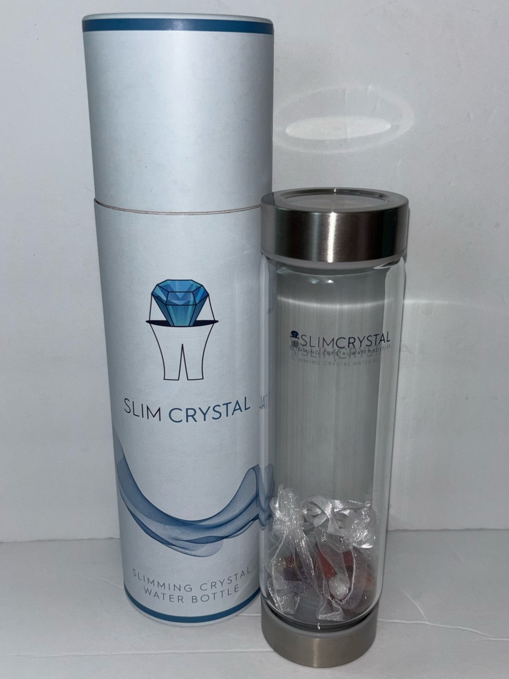 Slim Crystal Water Bottle with Gemstones - Clear Glass